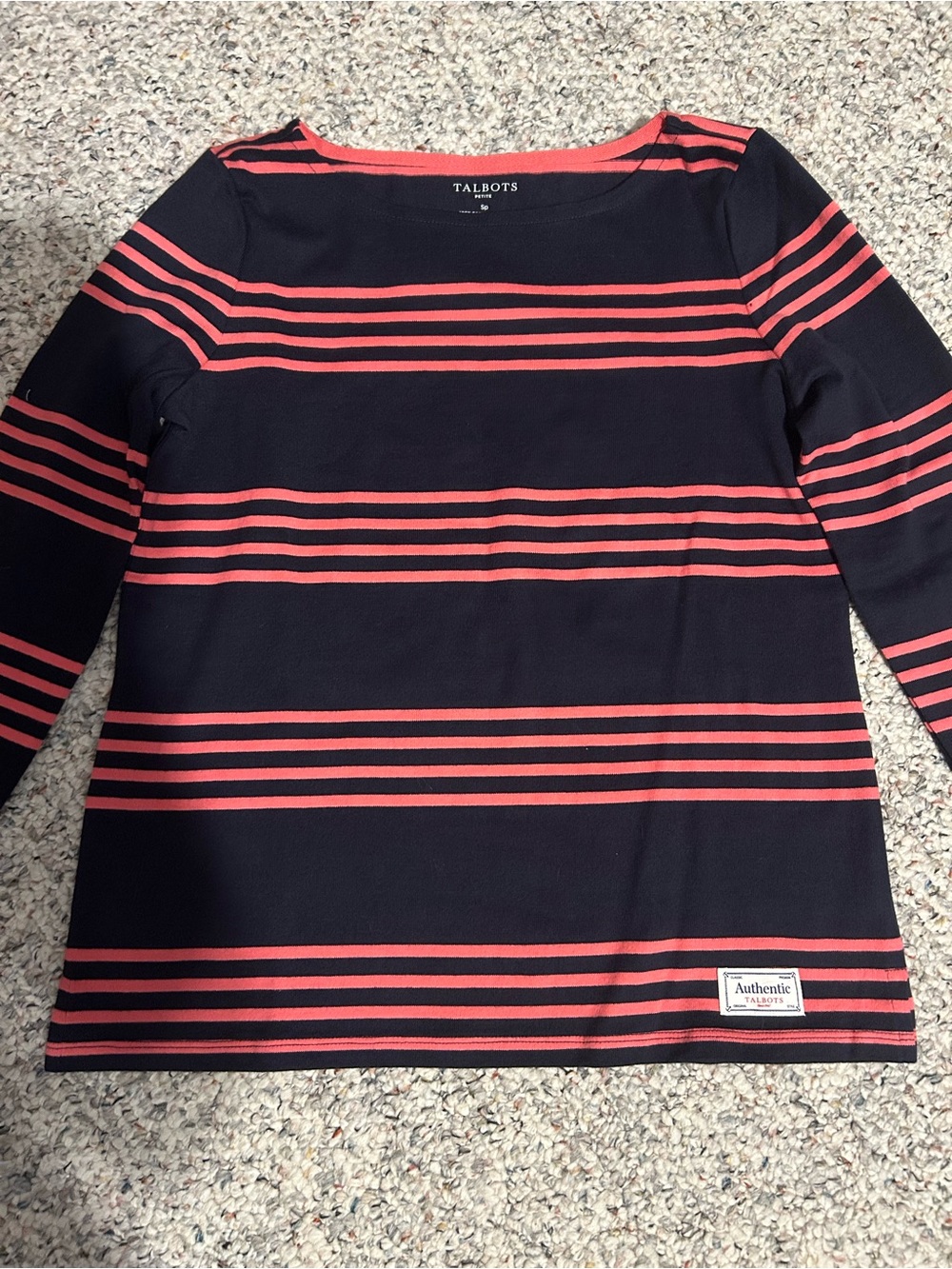 Talbots Navy and Coral Striped Boatneck Shirt petite small. New with tags